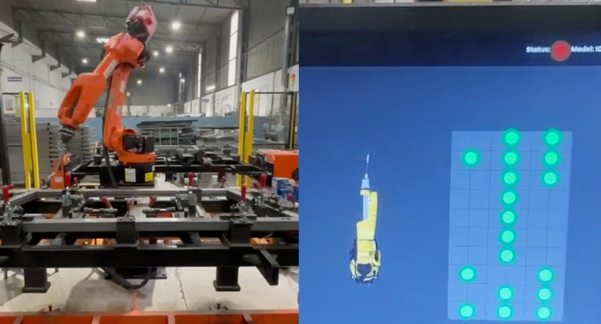Weld fixture next to the live lock-status dashboard showing every clamp as green