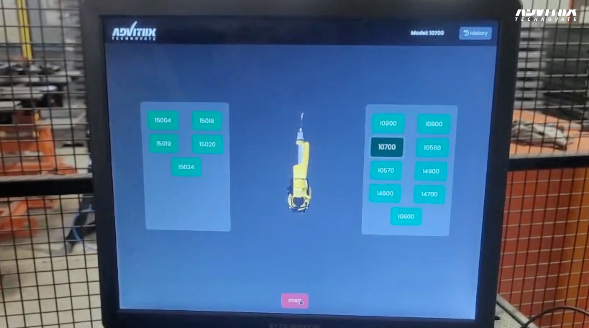 Advitiix dashboard model selection screen with part numbers and a START button