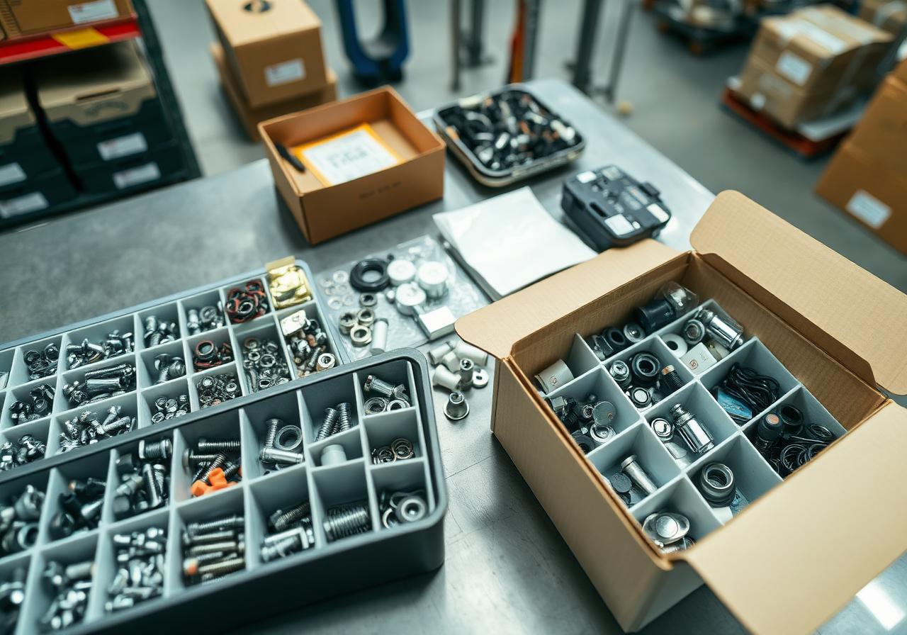 Spare parts kitting - sorted small and medium parts in compartmentalized trays